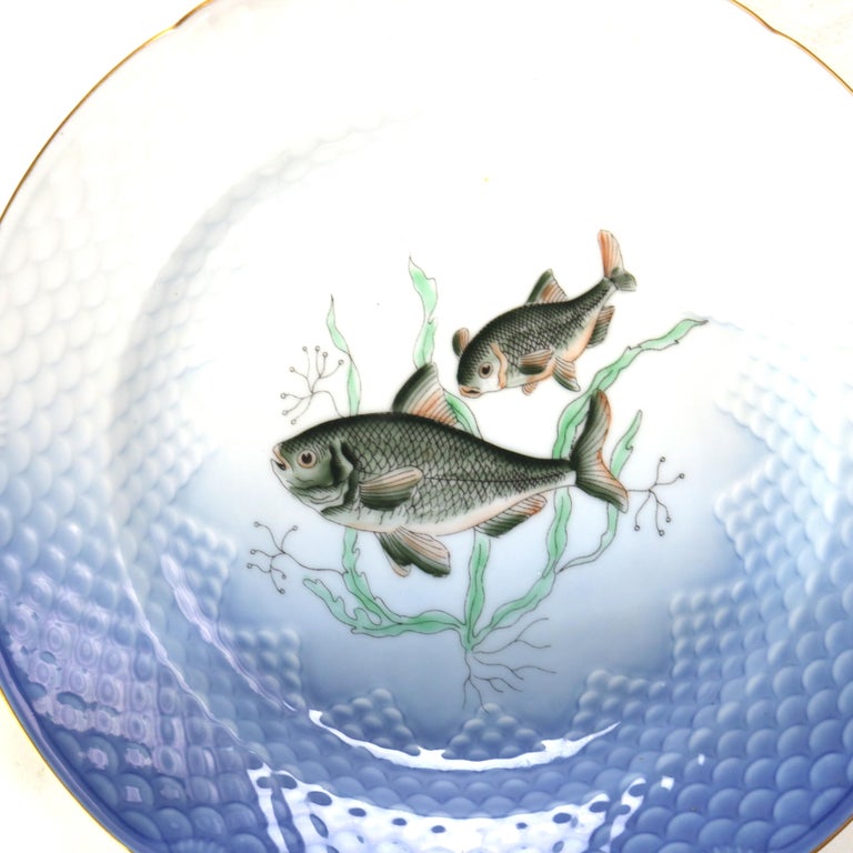Six Pieces Antique Bing & Grondahl Porcelain Plates with Fish Pattern C1920