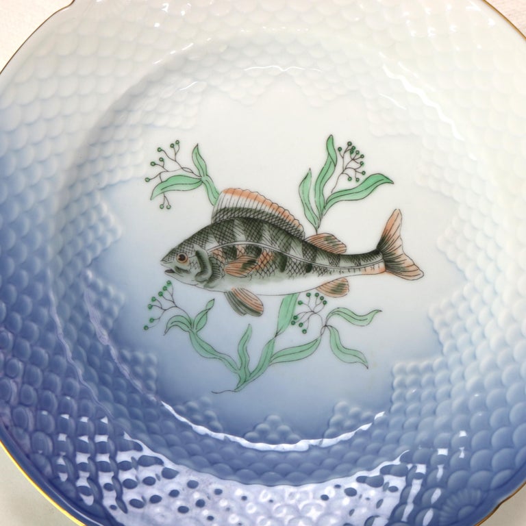 Six Pieces Antique Bing & Grondahl Porcelain Plates with Fish Pattern C1920