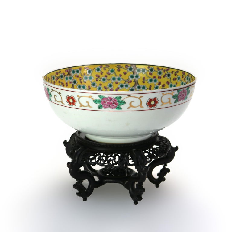 Antique Chinese Famille Rose Porcelain Bowl with Carved Hardwood Stand C1900