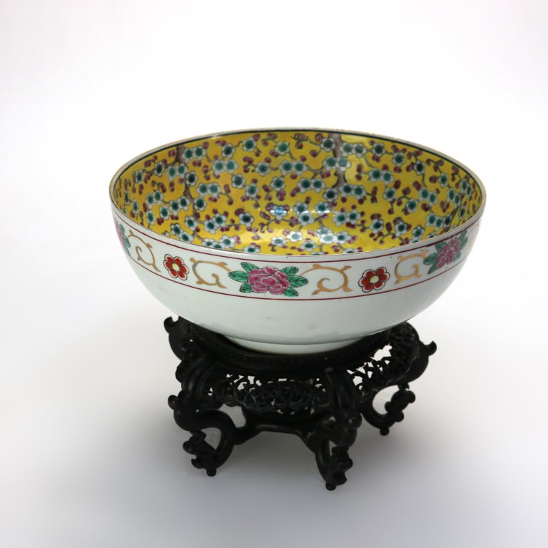 Antique Chinese Famille Rose Porcelain Bowl with Carved Hardwood Stand C1900