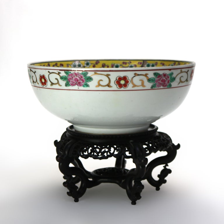Antique Chinese Famille Rose Porcelain Bowl with Carved Hardwood Stand C1900