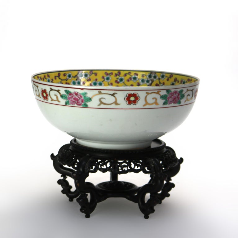 Antique Chinese Famille Rose Porcelain Bowl with Carved Hardwood Stand C1900