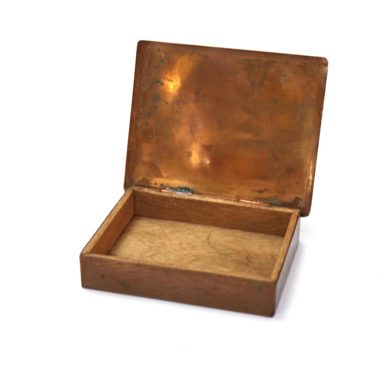 Antique Arts & Crafts Copper Enameled Box with Fish Pattern Signed C1910