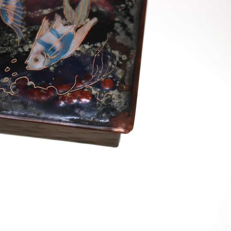 Antique Arts & Crafts Copper Enameled Box with Fish Pattern Signed C1910
