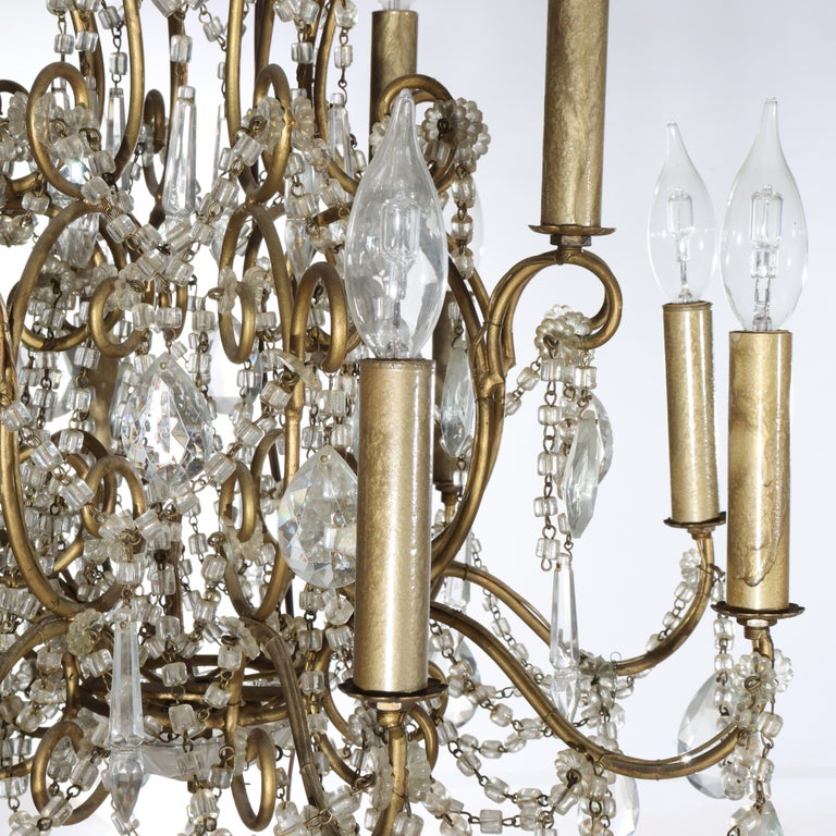 Antique French Louis XIV Style Brass & Crystal 12-Light Teired Chandelier c1930