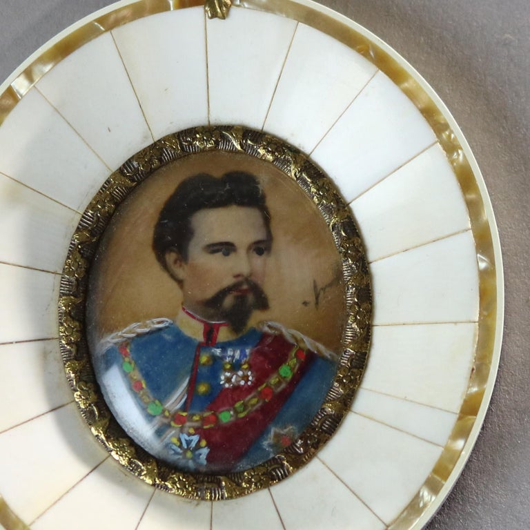 Antique Miniature Portrait of Konig Ludwig II with Mother of Pearl Frame 19thC