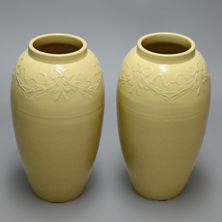 Pair Galloway Ribbon & Garland Embossed Art Pottery Floor Vases C1930