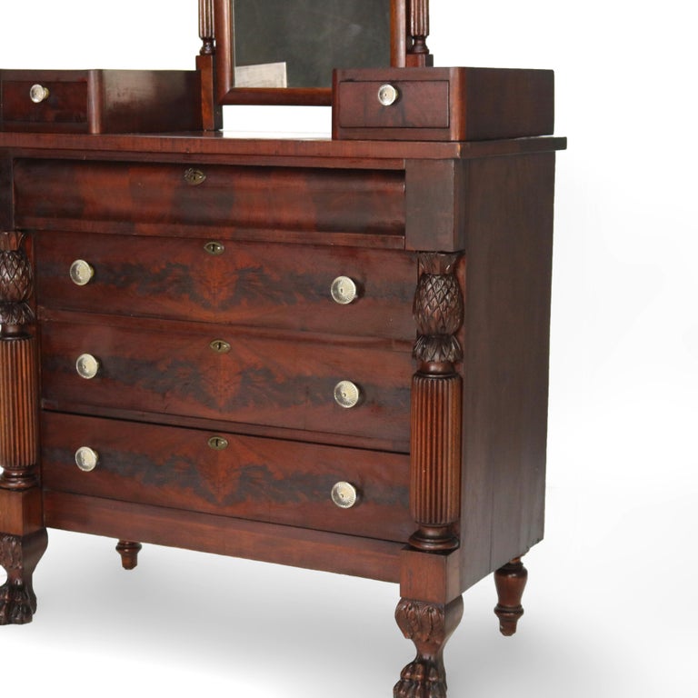 Antique Empire Neoclassical Carved Flame Mahogany Claw Foot Dresser C1890