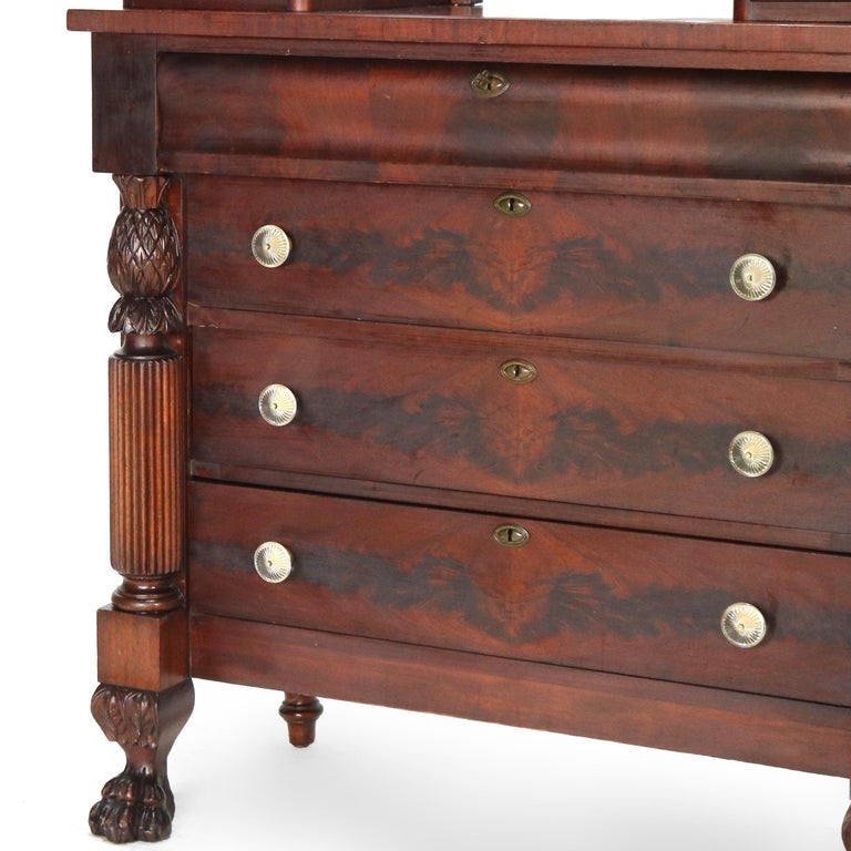 Antique Empire Neoclassical Carved Flame Mahogany Claw Foot Dresser C1890