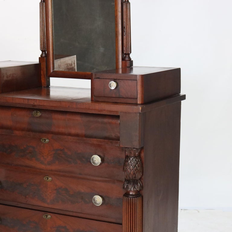 Antique Empire Neoclassical Carved Flame Mahogany Claw Foot Dresser C1890