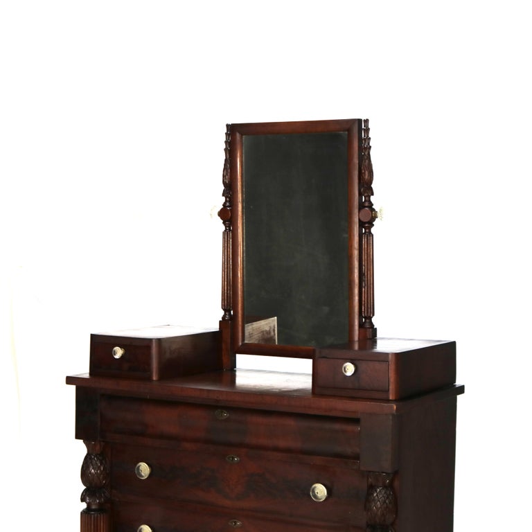 Antique Empire Neoclassical Carved Flame Mahogany Claw Foot Dresser C1890