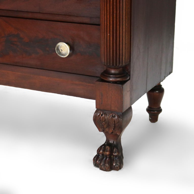Antique Empire Neoclassical Carved Flame Mahogany Claw Foot Dresser C1890