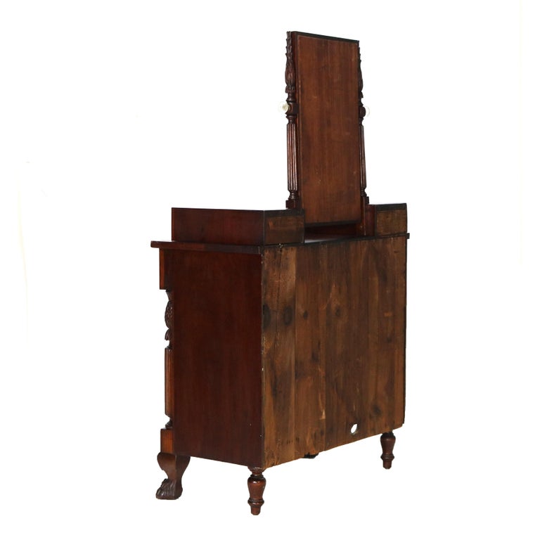 Antique Empire Neoclassical Carved Flame Mahogany Claw Foot Dresser C1890