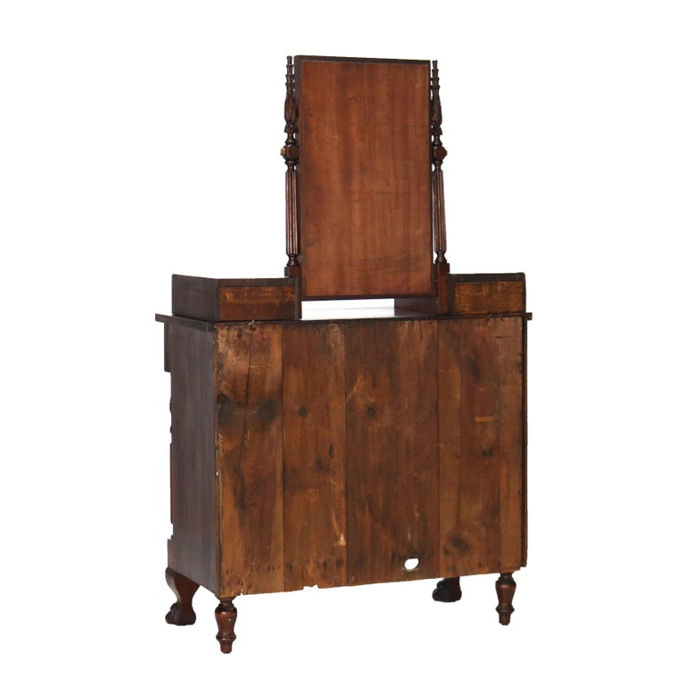 Antique Empire Neoclassical Carved Flame Mahogany Claw Foot Dresser C1890