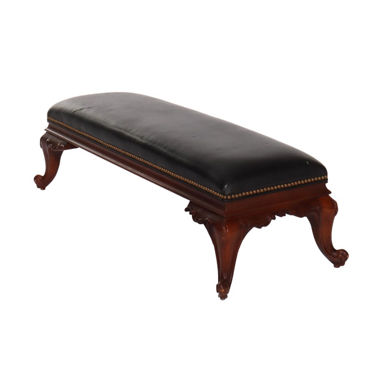 Vintage Hancock & Moore Louis XIV Style Carved Mahogany & Black Leather Stool