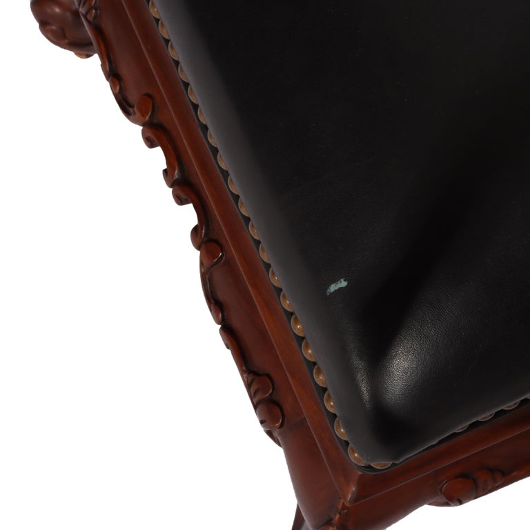 Vintage Hancock & Moore Louis XIV Style Carved Mahogany & Black Leather Stool