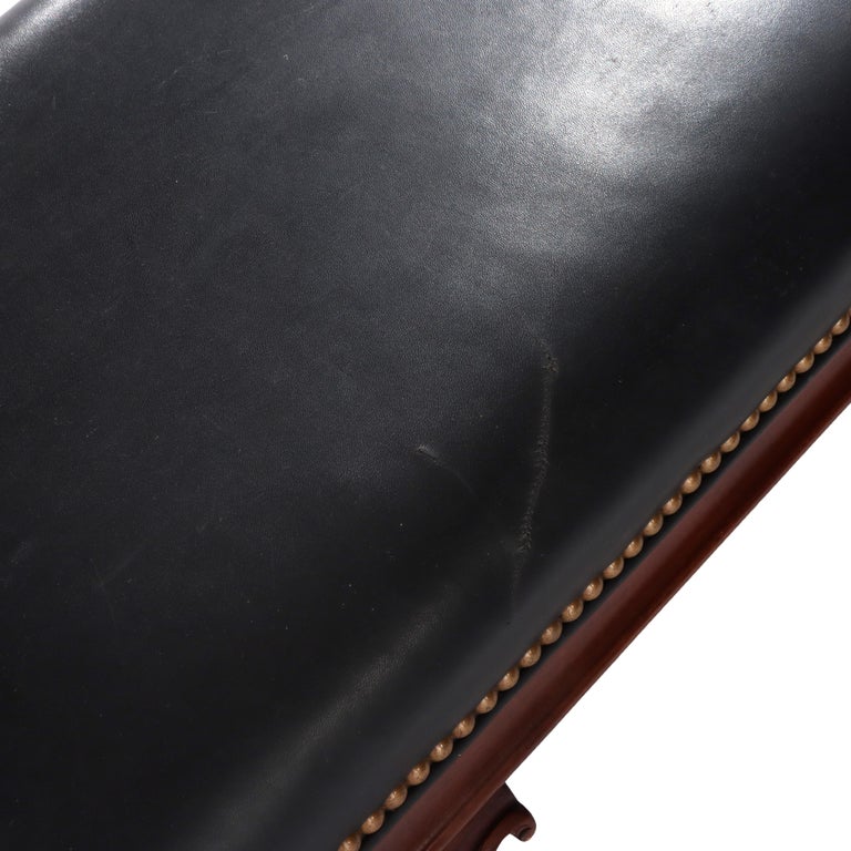 Vintage Hancock & Moore Louis XIV Style Carved Mahogany & Black Leather Stool