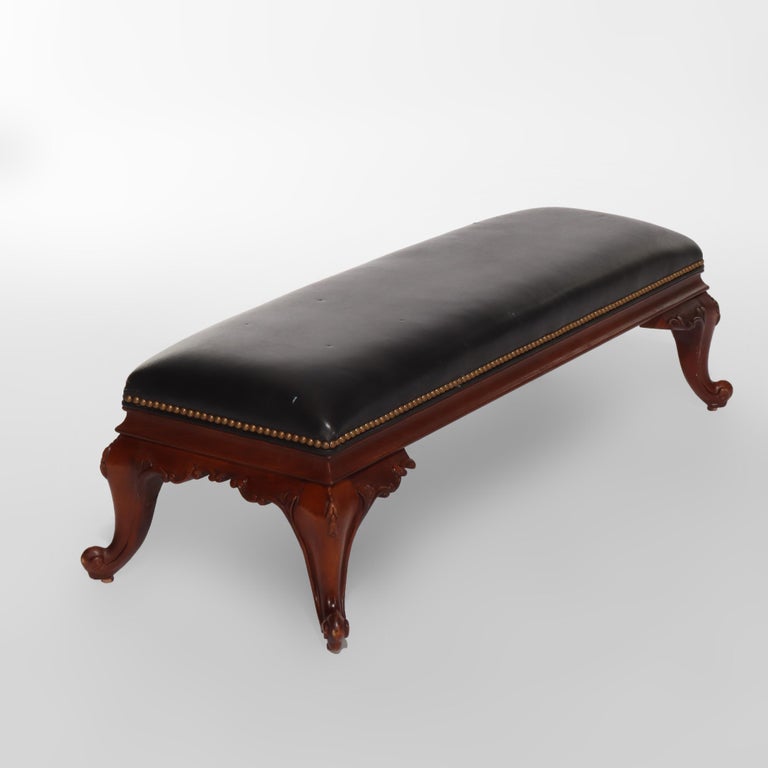 Vintage Hancock & Moore Louis XIV Style Carved Mahogany & Black Leather Stool