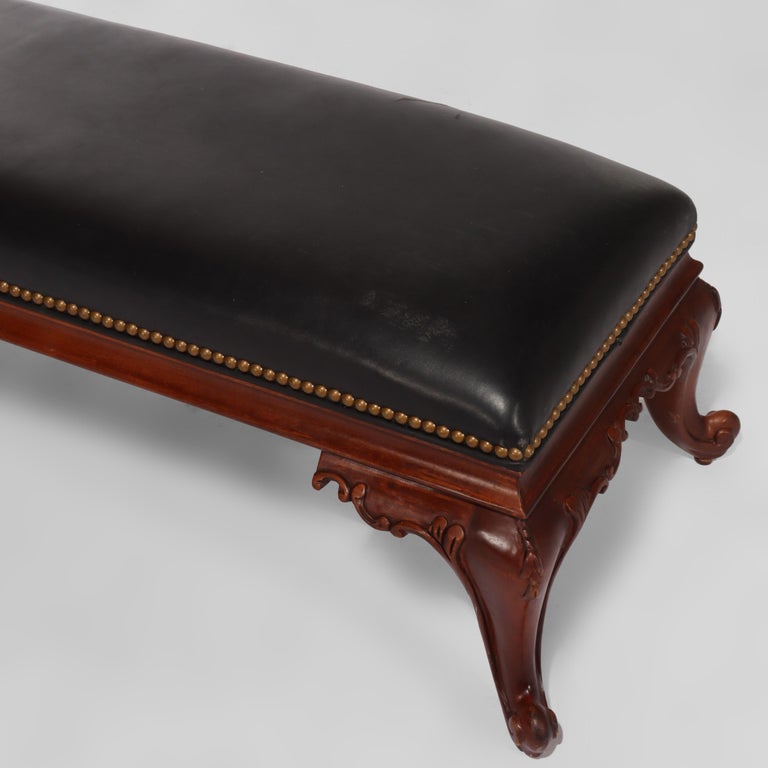 Vintage Hancock & Moore Louis XIV Style Carved Mahogany & Black Leather Stool