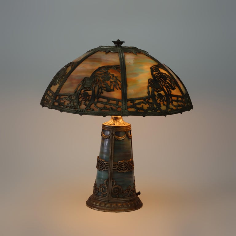 Antique Bradley & Hubbard School Lighted Base Slag Glass Table Lamp c1920