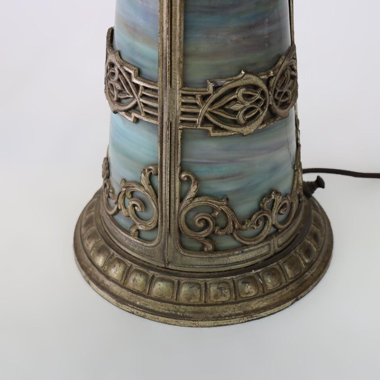 Antique Bradley & Hubbard School Lighted Base Slag Glass Table Lamp c1920