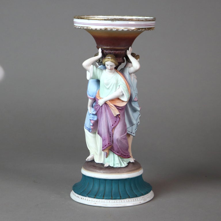 Two Antique Meissen School Hand Painted Figural 3 Graces Porcelain Candlesticks