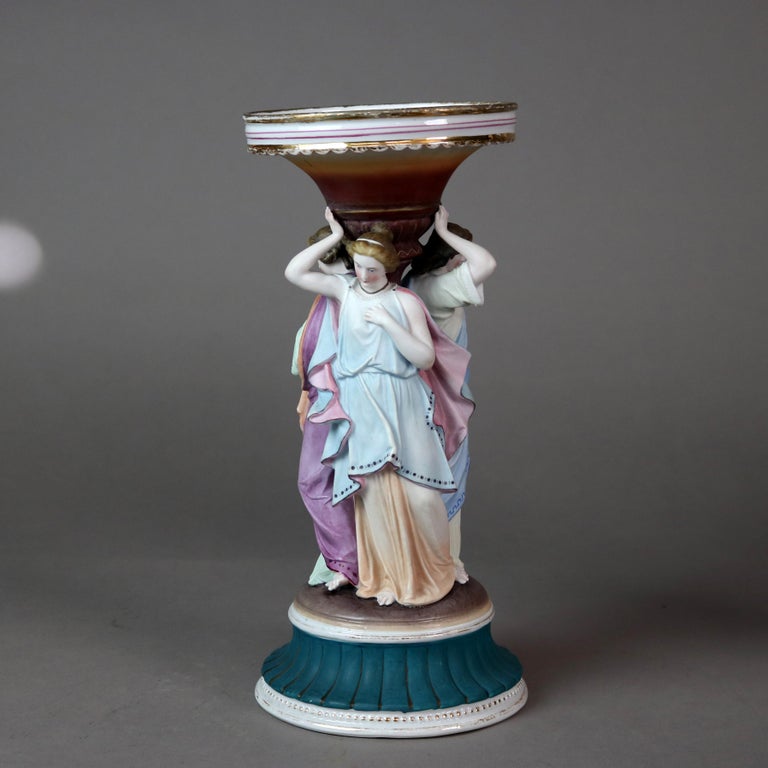Two Antique Meissen School Hand Painted Figural 3 Graces Porcelain Candlesticks