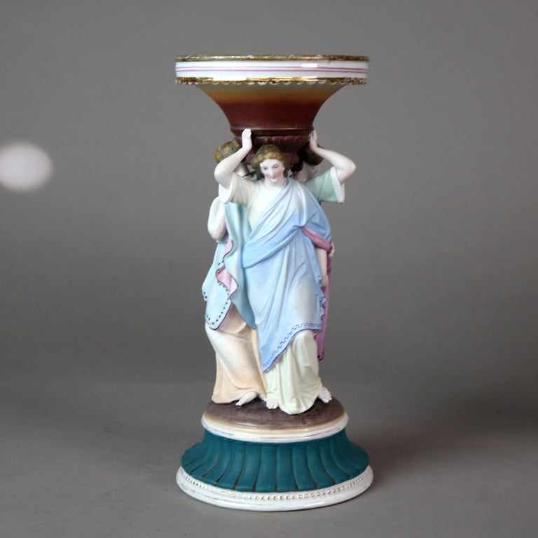 Two Antique Meissen School Hand Painted Figural 3 Graces Porcelain Candlesticks