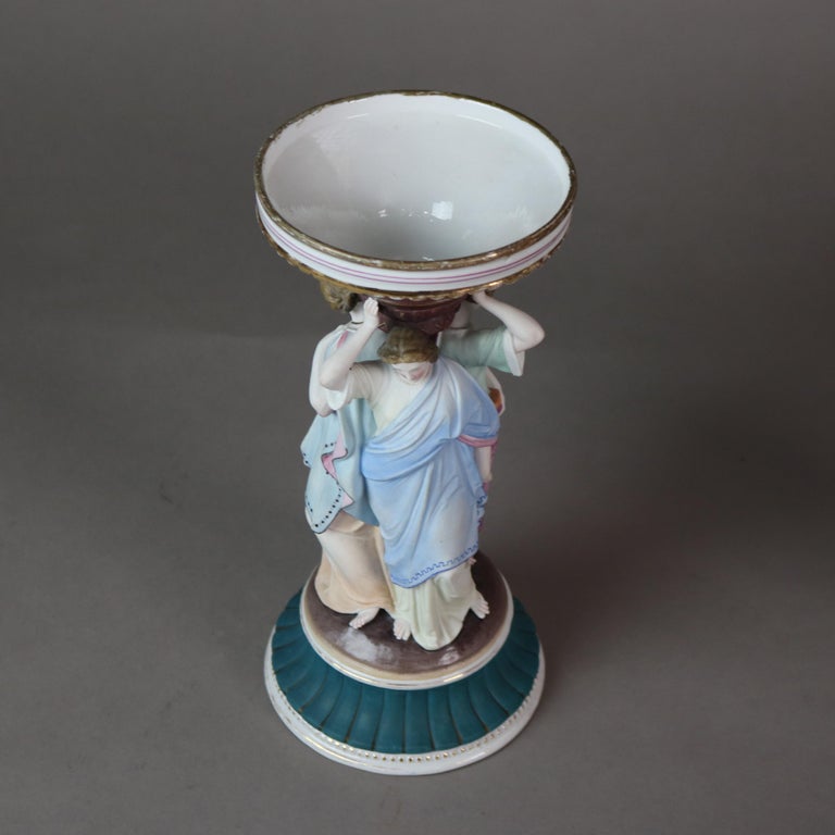 Two Antique Meissen School Hand Painted Figural 3 Graces Porcelain Candlesticks