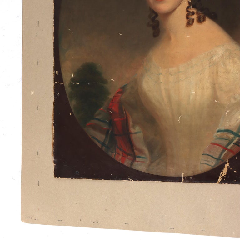 Antique Oil On Canvas Portrait Painting Of A Debutant C1820