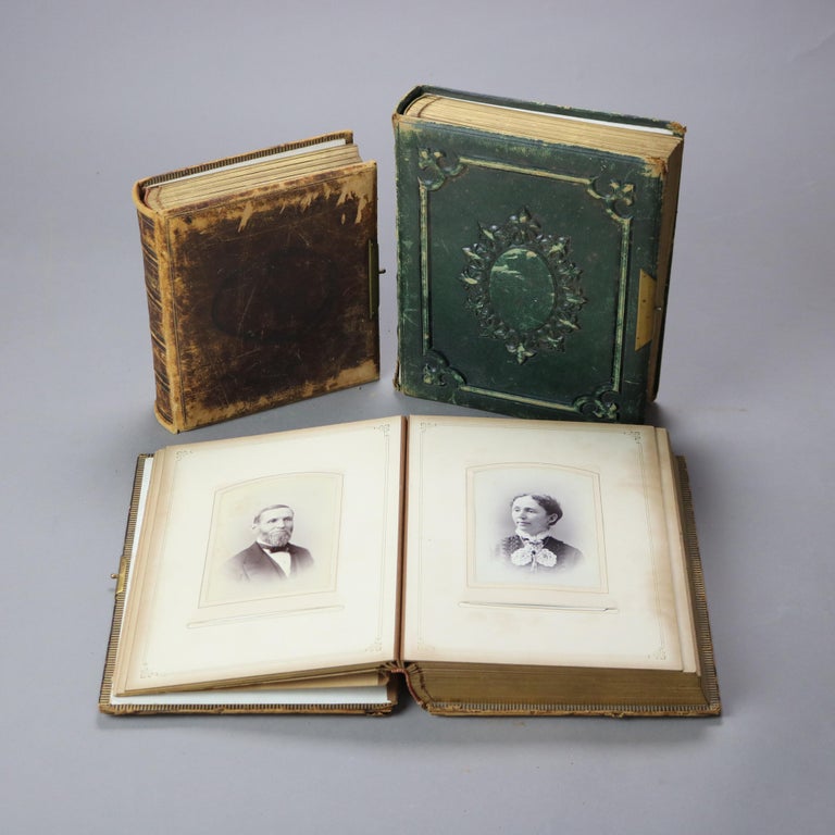 Three Antique Leather & Brass Photo Albums with Photos 19thC