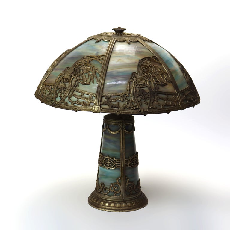Antique Bradley & Hubbard School Lighted Base Slag Glass Table Lamp c1920