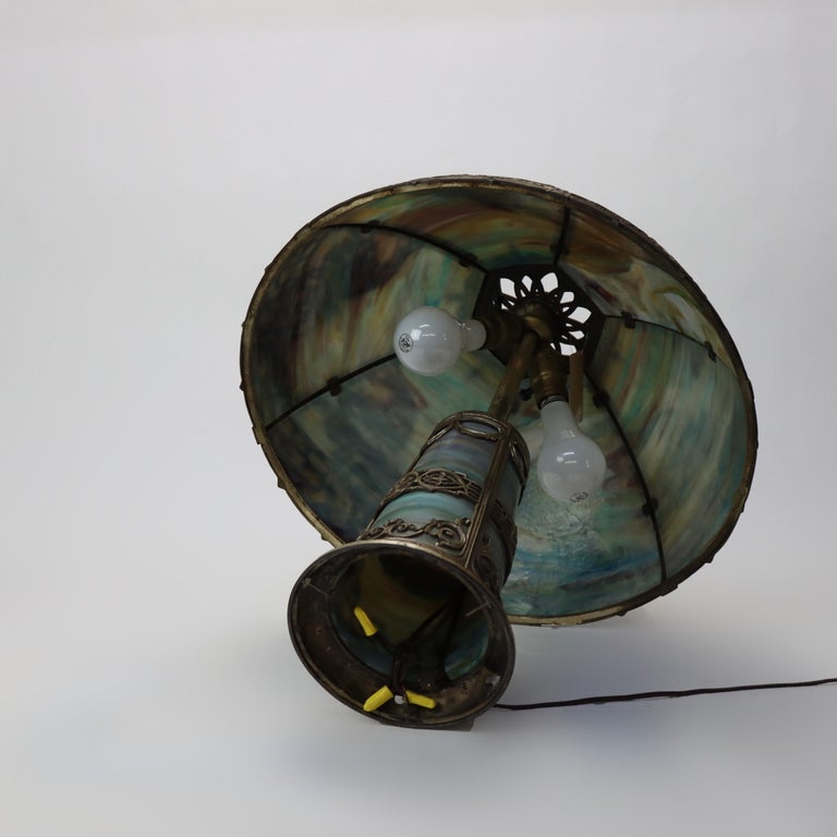 Antique Bradley & Hubbard School Lighted Base Slag Glass Table Lamp c1920