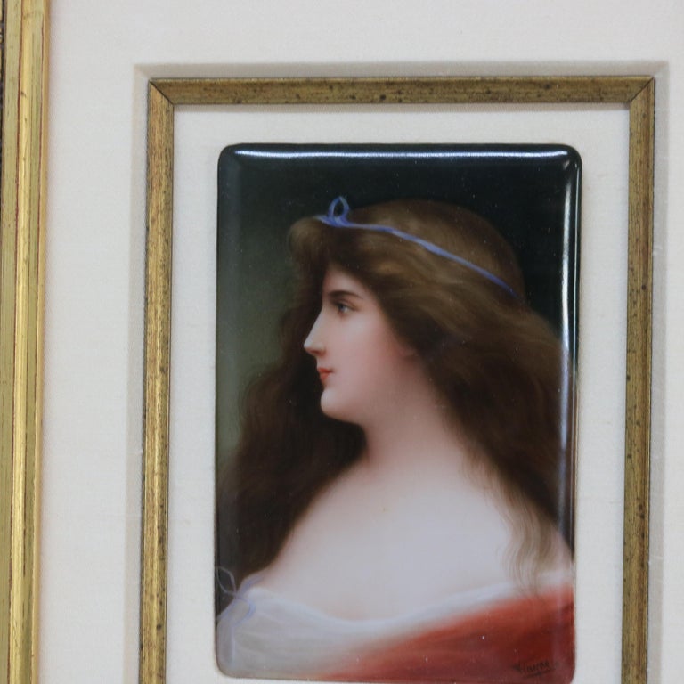 Antique Painting on Porcelain Portrait of a Maiden C1890