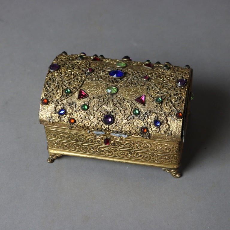 Antique Apollo Studio Jeweled & Footed Gilt Metal Box C1910