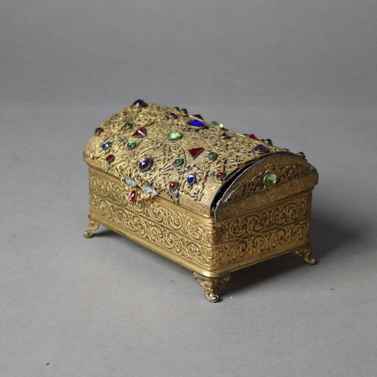 Antique Apollo Studio Jeweled & Footed Gilt Metal Box C1910
