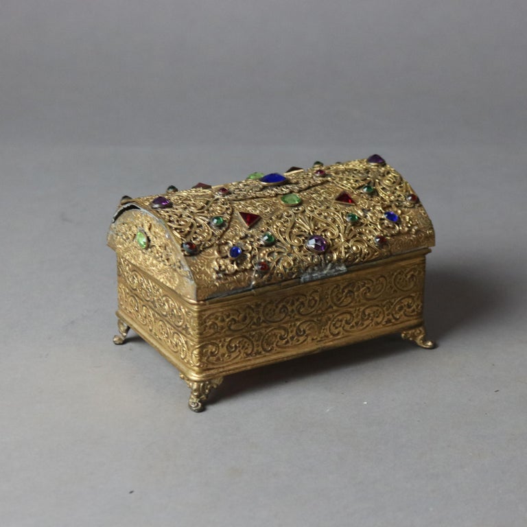 Antique Apollo Studio Jeweled & Footed Gilt Metal Box C1910