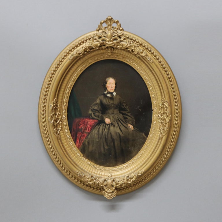 Pair Antique Oil on Paper Portraits of a Man & a Woman In Giltwood Frames c1860