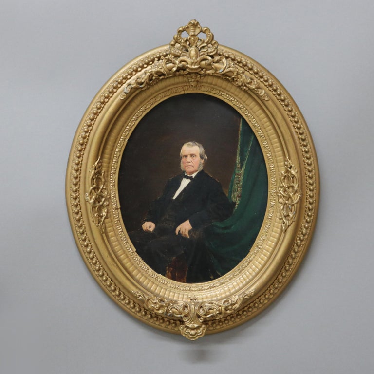 Pair Antique Oil on Paper Portraits of a Man & a Woman In Giltwood Frames c1860