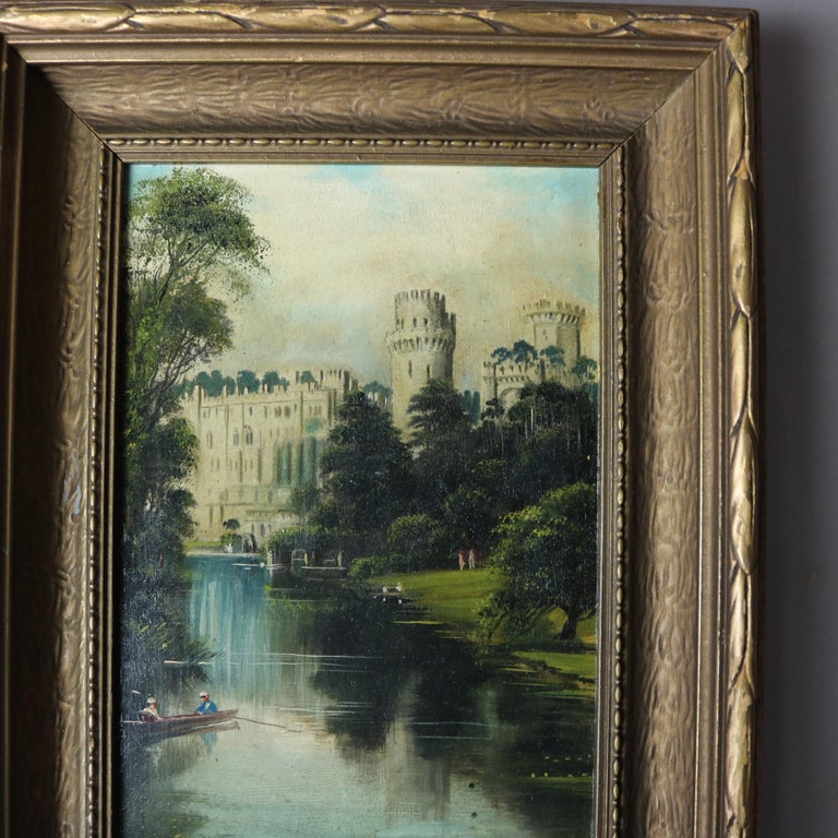 Antique Oil on Board Landscape Painting with Castle by W. Pryce, Signed, c1890