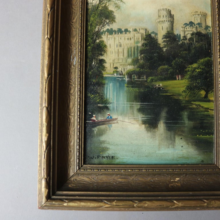 Antique Oil on Board Landscape Painting with Castle by W. Pryce, Signed, c1890