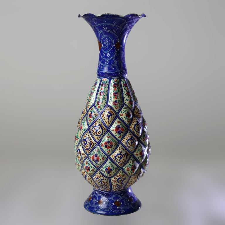 Antique Persian Quilted Porcelain Floral Enameled Vase Signed C1920