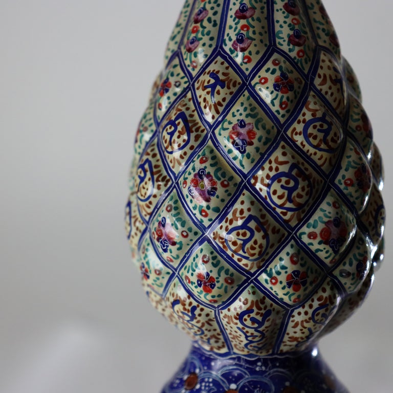 Antique Persian Quilted Porcelain Floral Enameled Vase Signed C1920