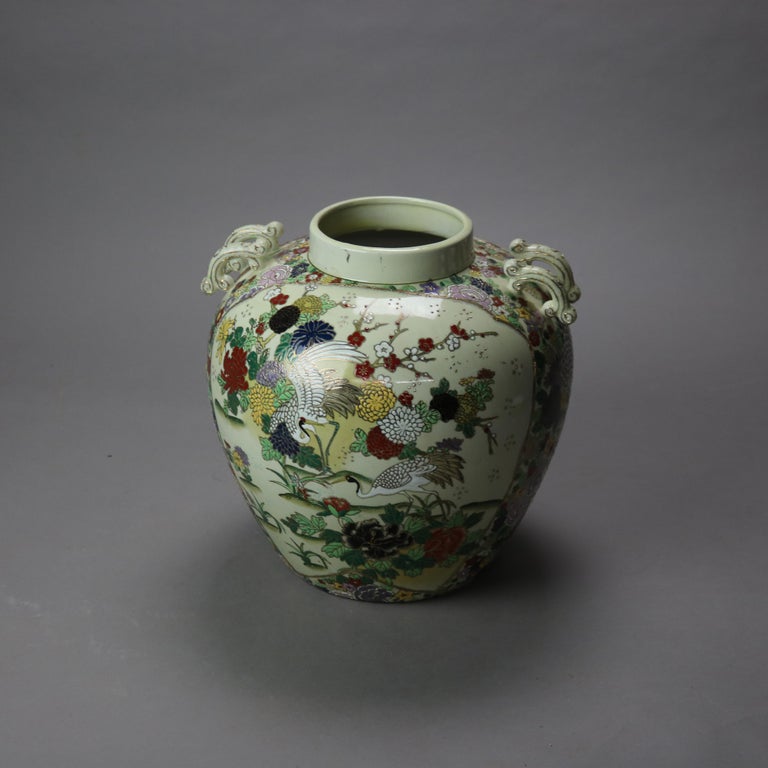 Antique Chinese Hand Enameled Urn with Garden Scene & Herons C1920