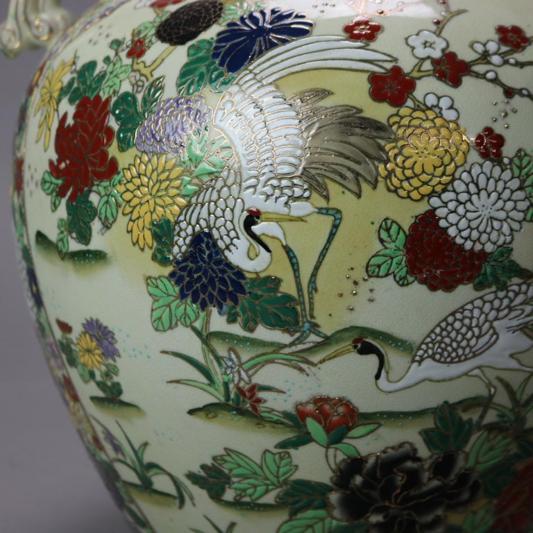 Antique Chinese Hand Enameled Urn with Garden Scene & Herons C1920