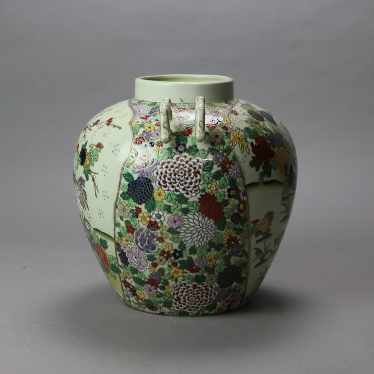 Antique Chinese Hand Enameled Urn with Garden Scene & Herons C1920