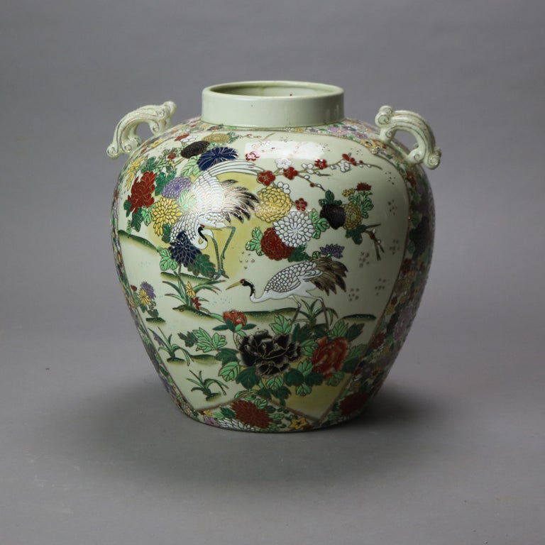 Antique Chinese Hand Enameled Urn with Garden Scene & Herons C1920