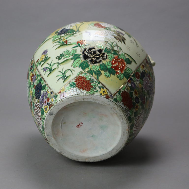 Antique Chinese Hand Enameled Urn with Garden Scene & Herons C1920