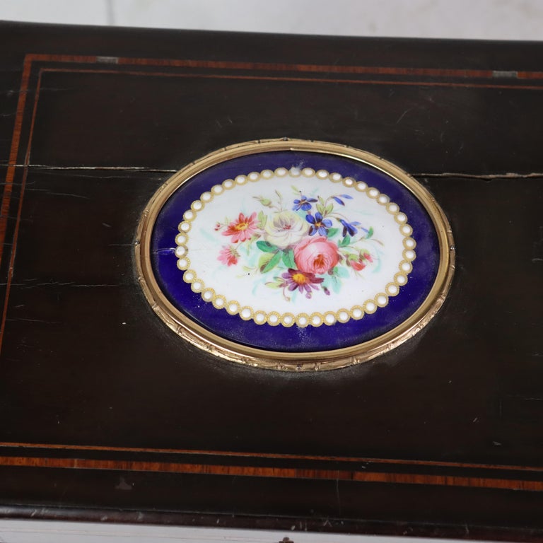 Antique Ebonized & Inlaid Humidor With Sevres Floral Porcelain Plaque c1890
