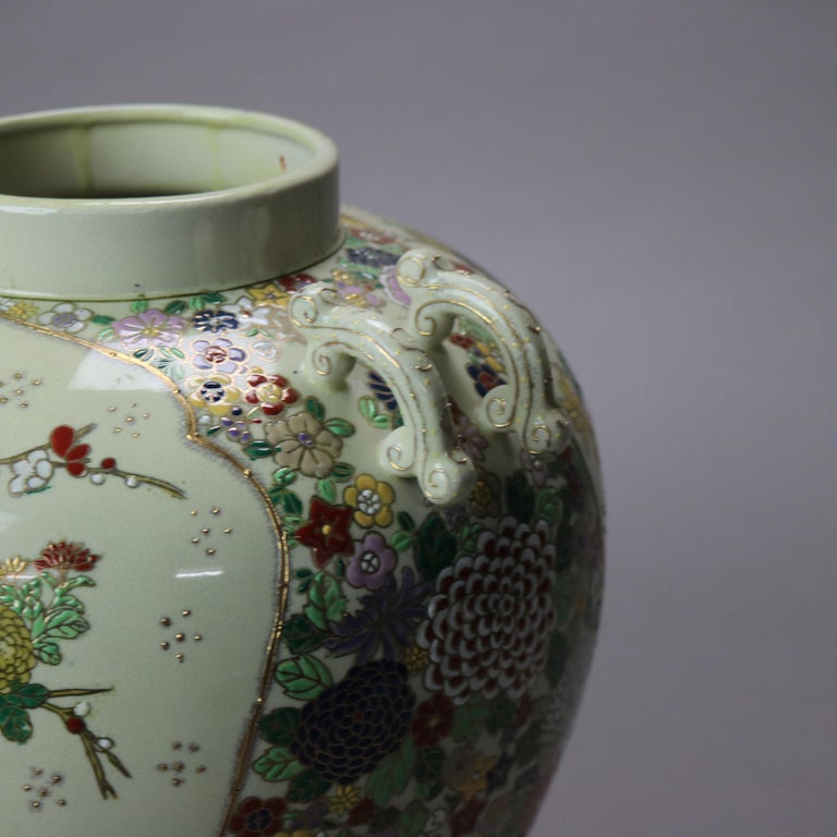 Antique Chinese Hand Enameled Urn with Garden Scene & Herons C1920